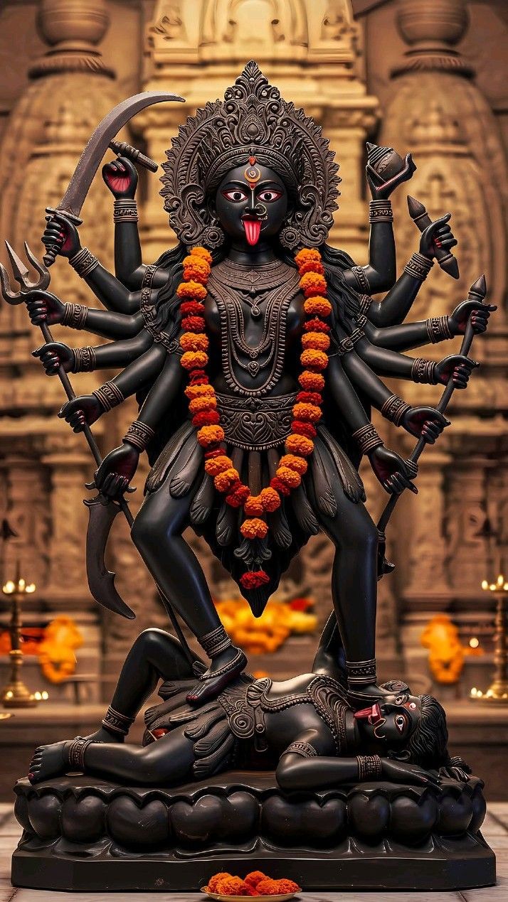 Maa Kali statue with weapons and flowers.