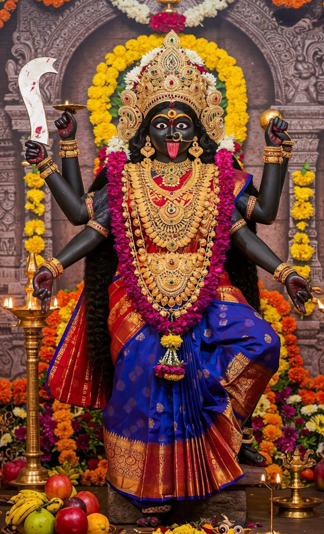 Mahakali Maa statue with flowers and offerings