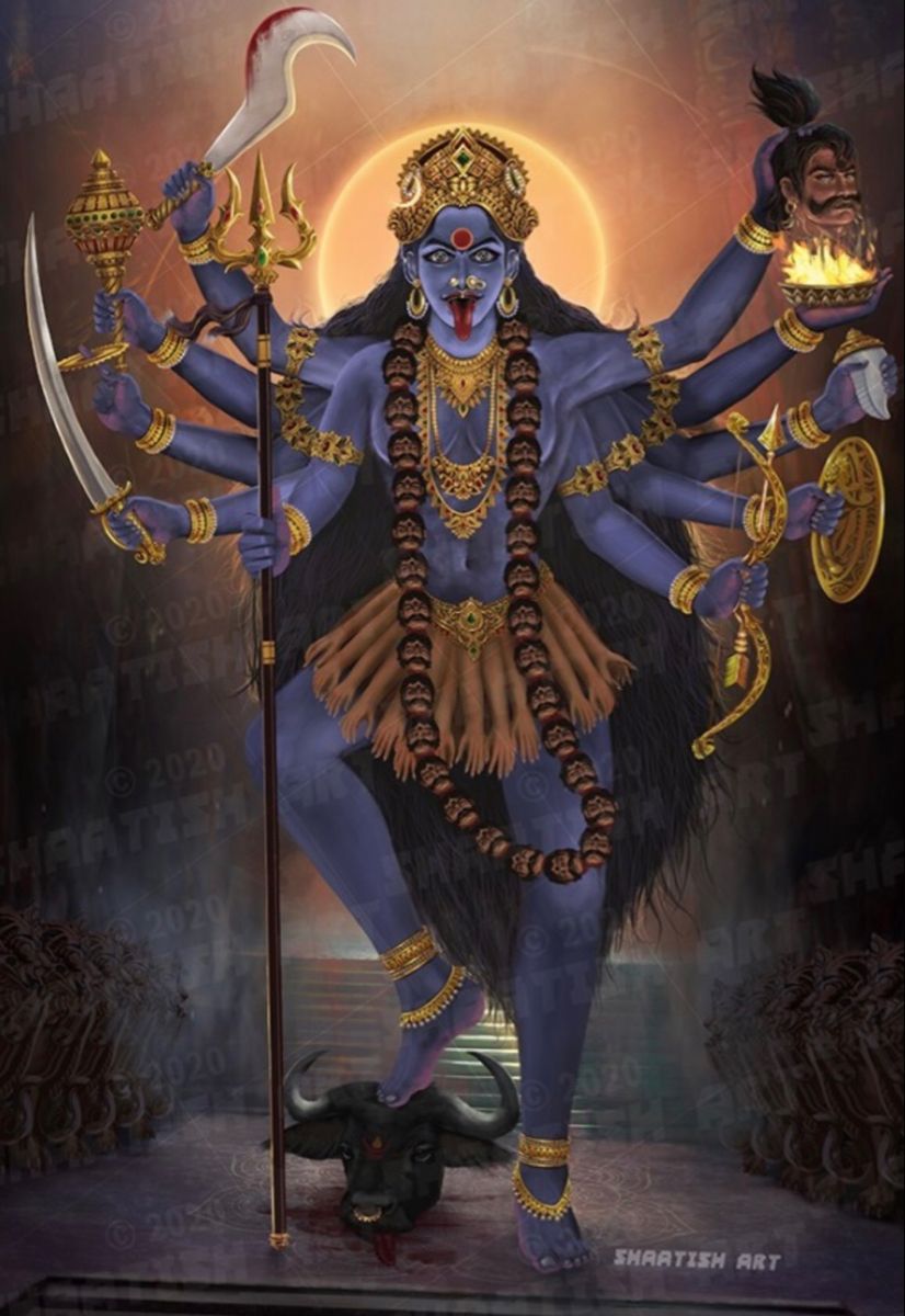 Goddess Kali stands on a bull.