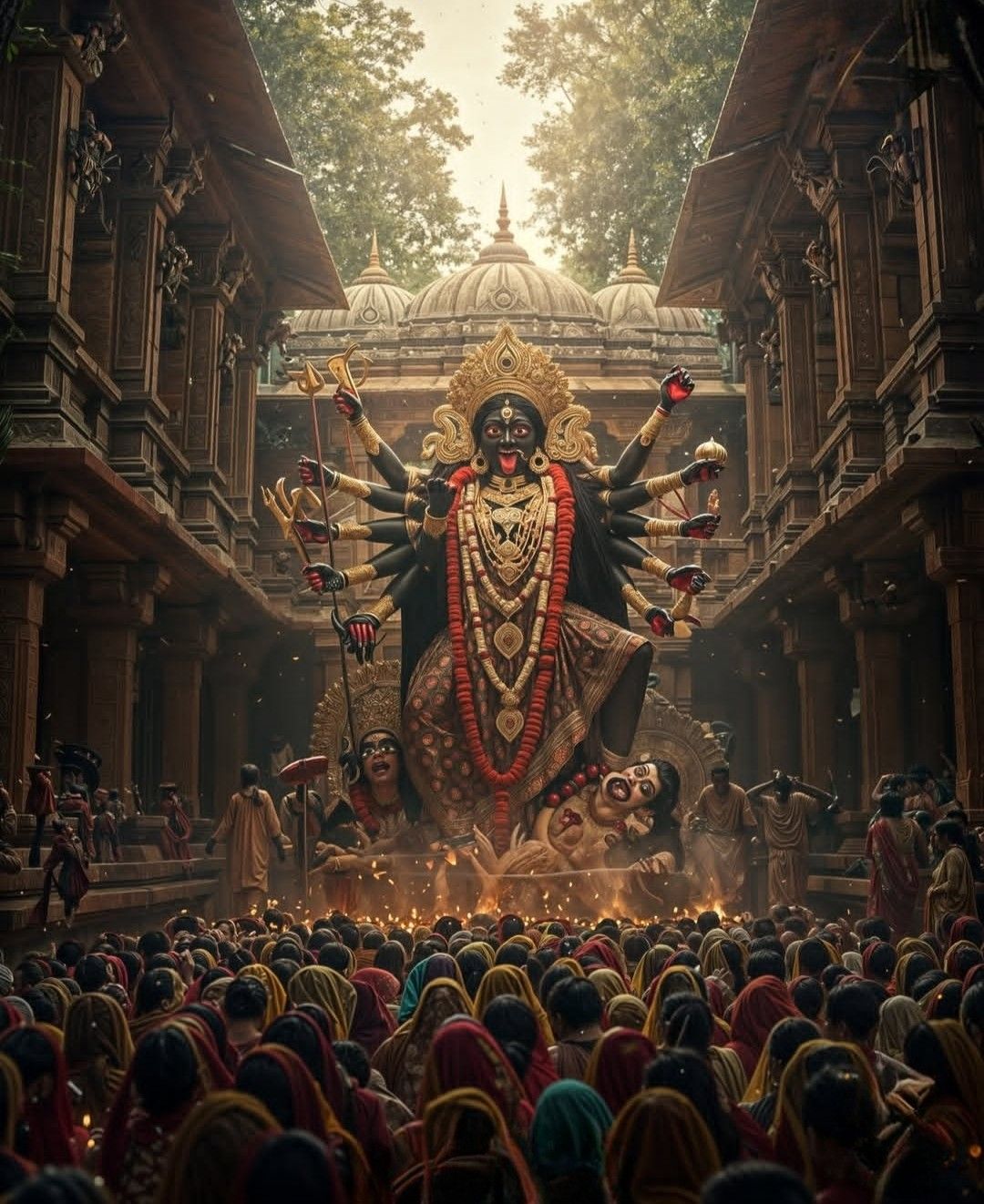 Mahakali Maa amidst devotees and flames.