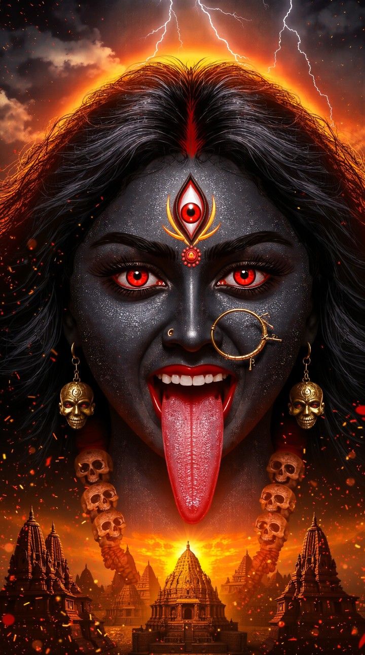 Fierce Mahakali Maa with fiery background