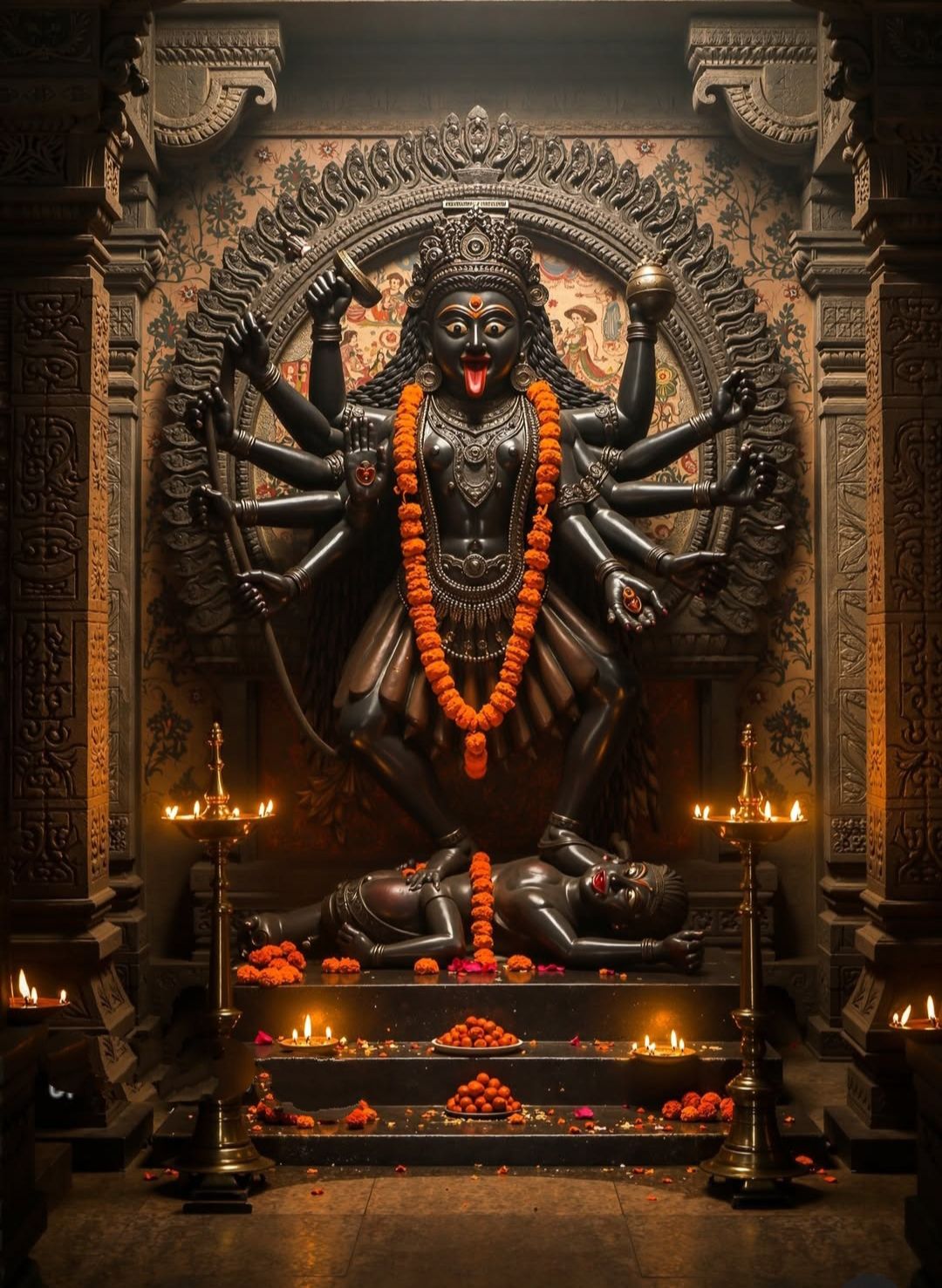 Mahakali Maa temple sculpture with offerings