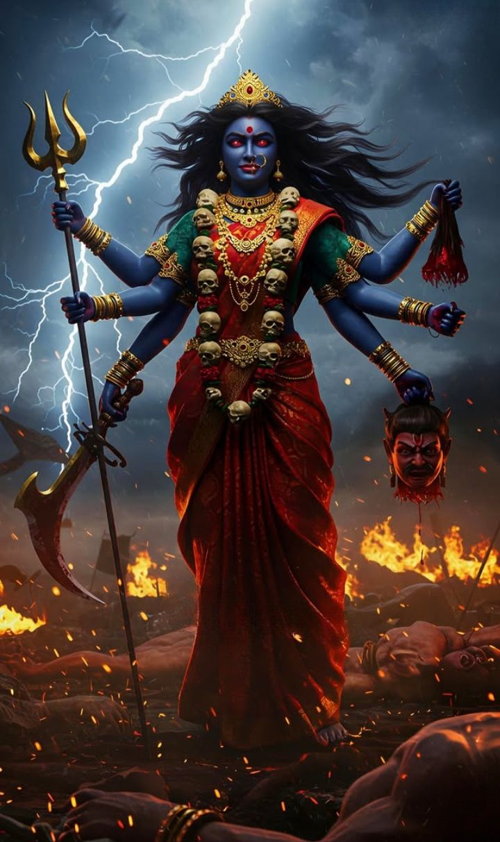 Mahakali Maa stands triumphant over demons.