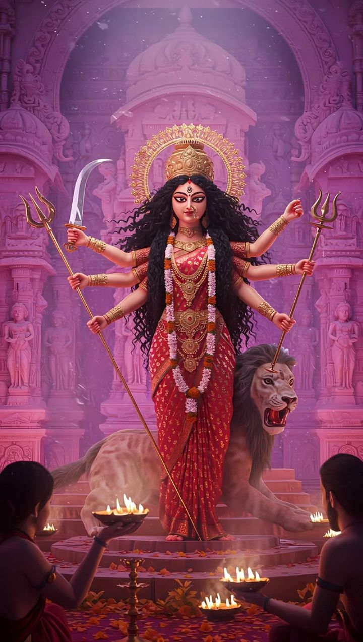 Mahakali Maa with lion and devotees