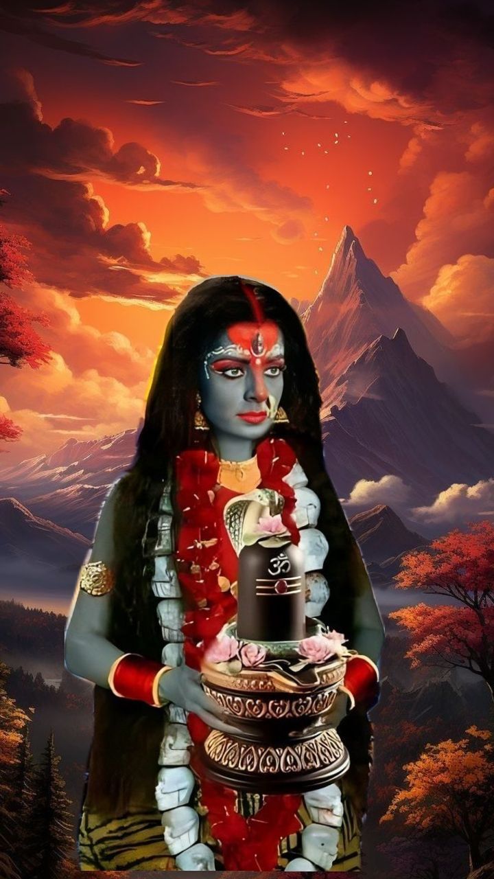 Mahakali Maa with Shiva Lingam, mountain backdrop