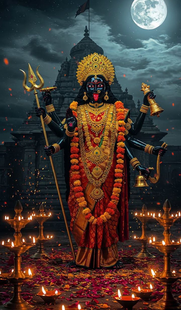 Goddess Mahakali stands before a temple.