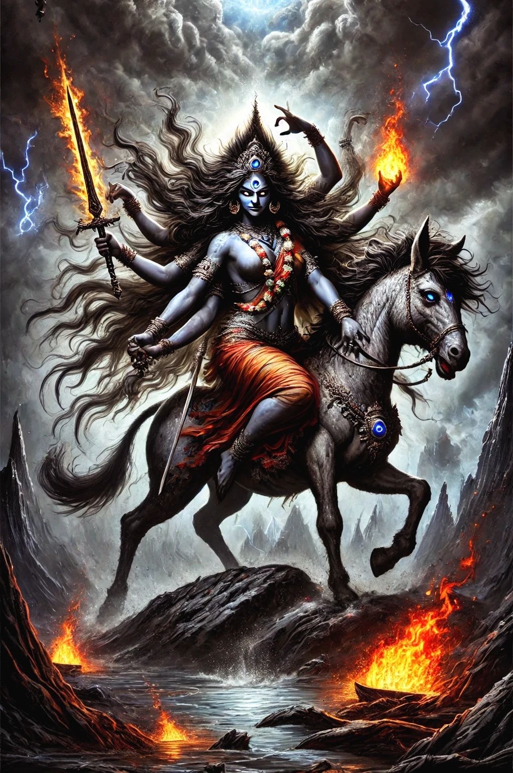 Mahakali Maa riding a horse in storm