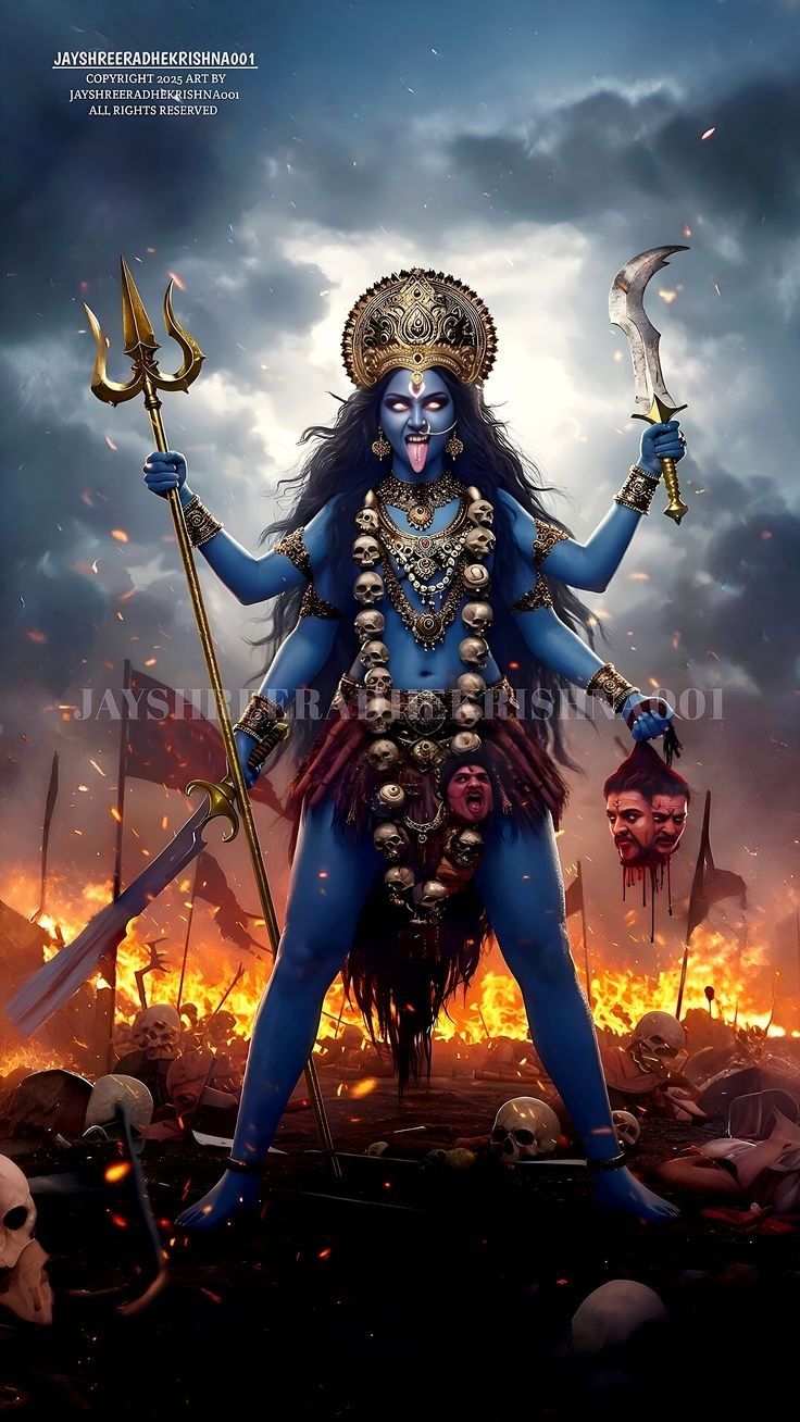 Fierce Mahakali Maa standing on demons