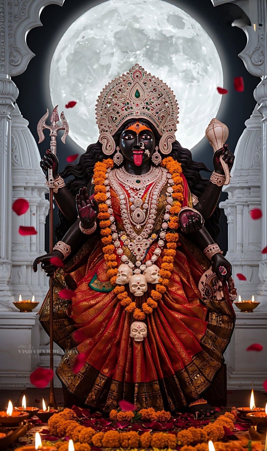 Mahakali Maa stands with lotus and trident.