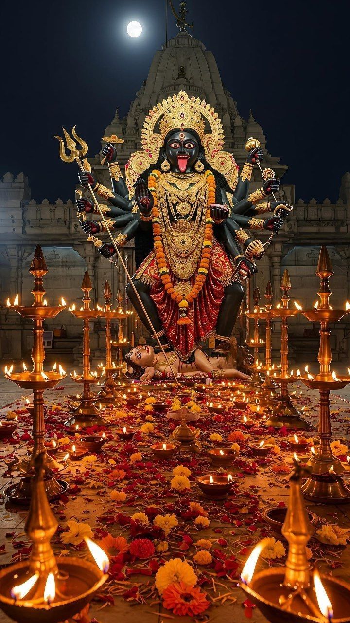 Mahakali Maa illuminated by temple lamps