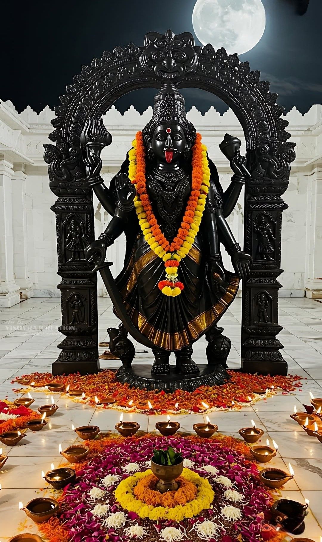 Mahakali Maa statue with moon and diyas