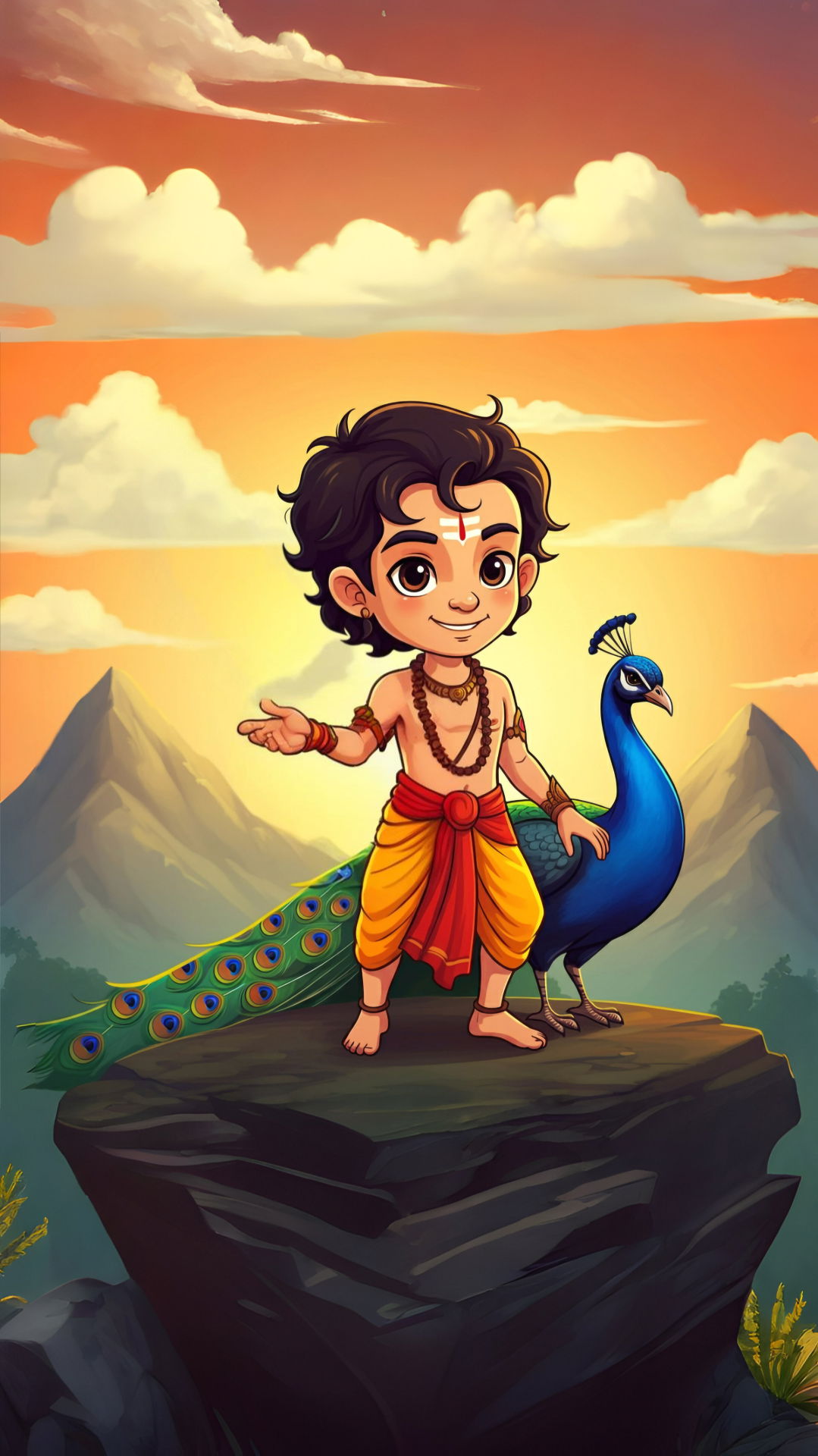 Young Murugan with a peacock stands smiling