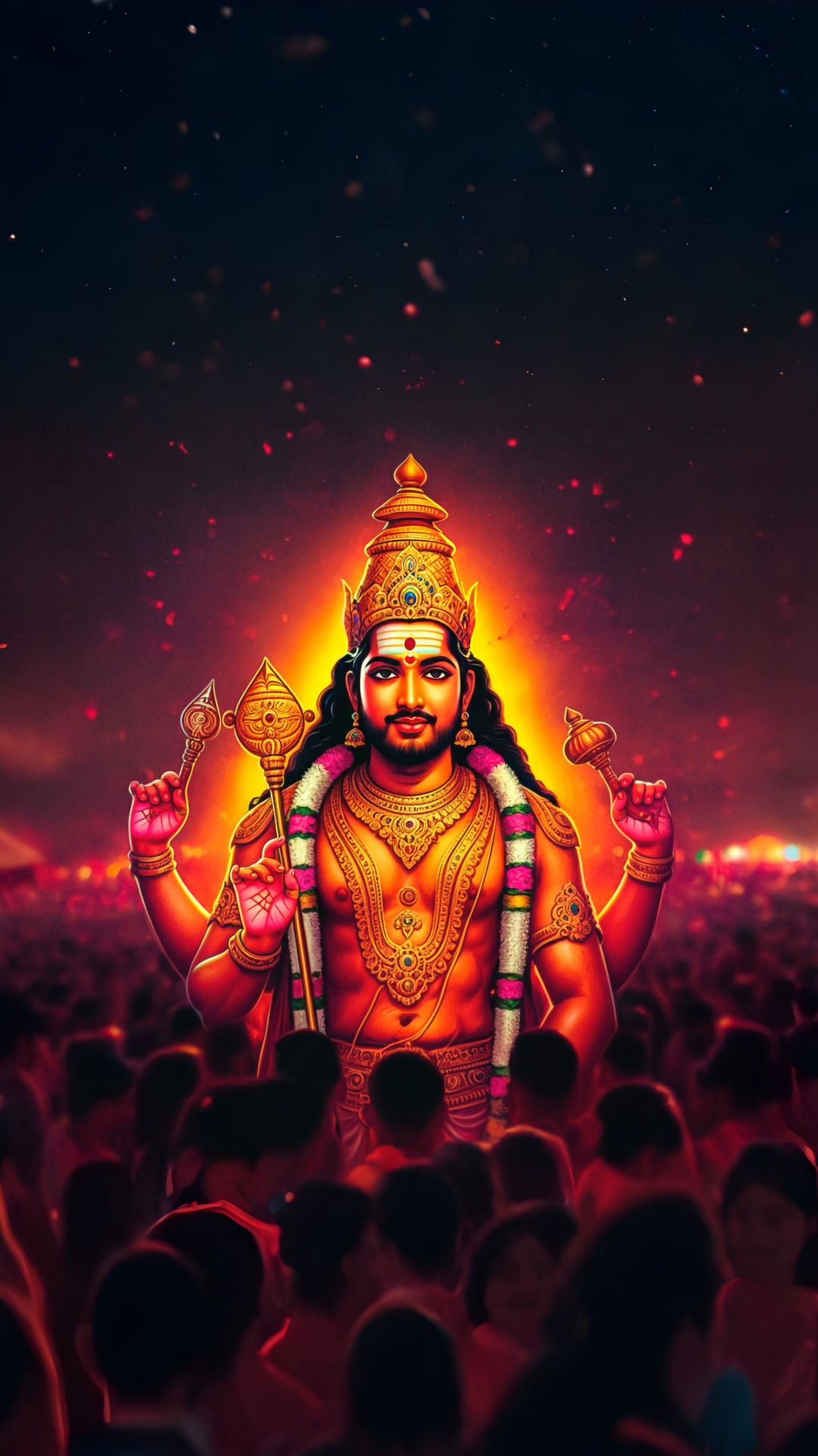 Lord Murugan with Vel surrounded by devotees