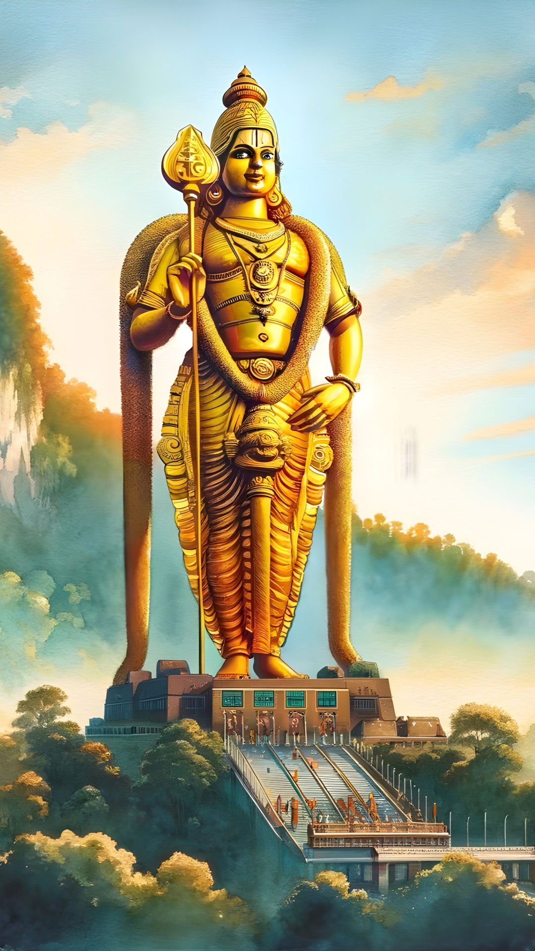 Lord Murugan stands atop a mountain.