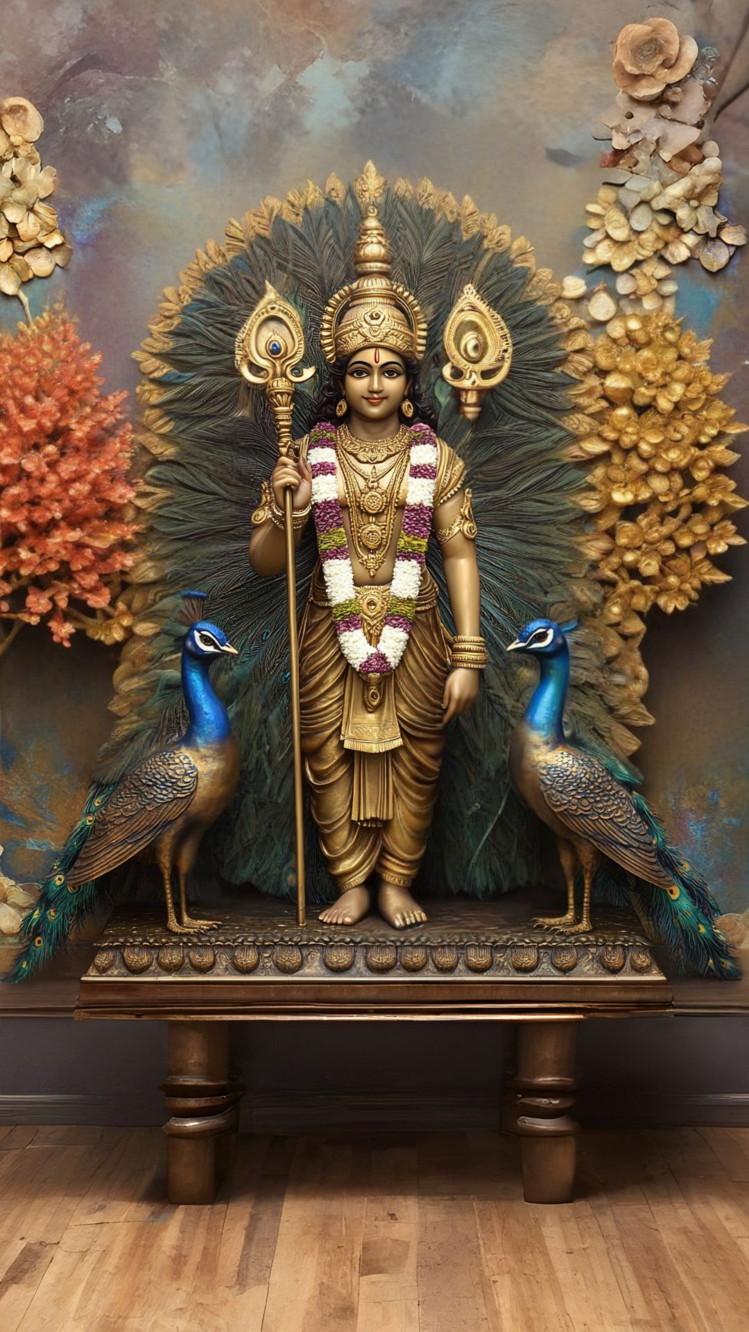 Lord Murugan with spear and peacocks