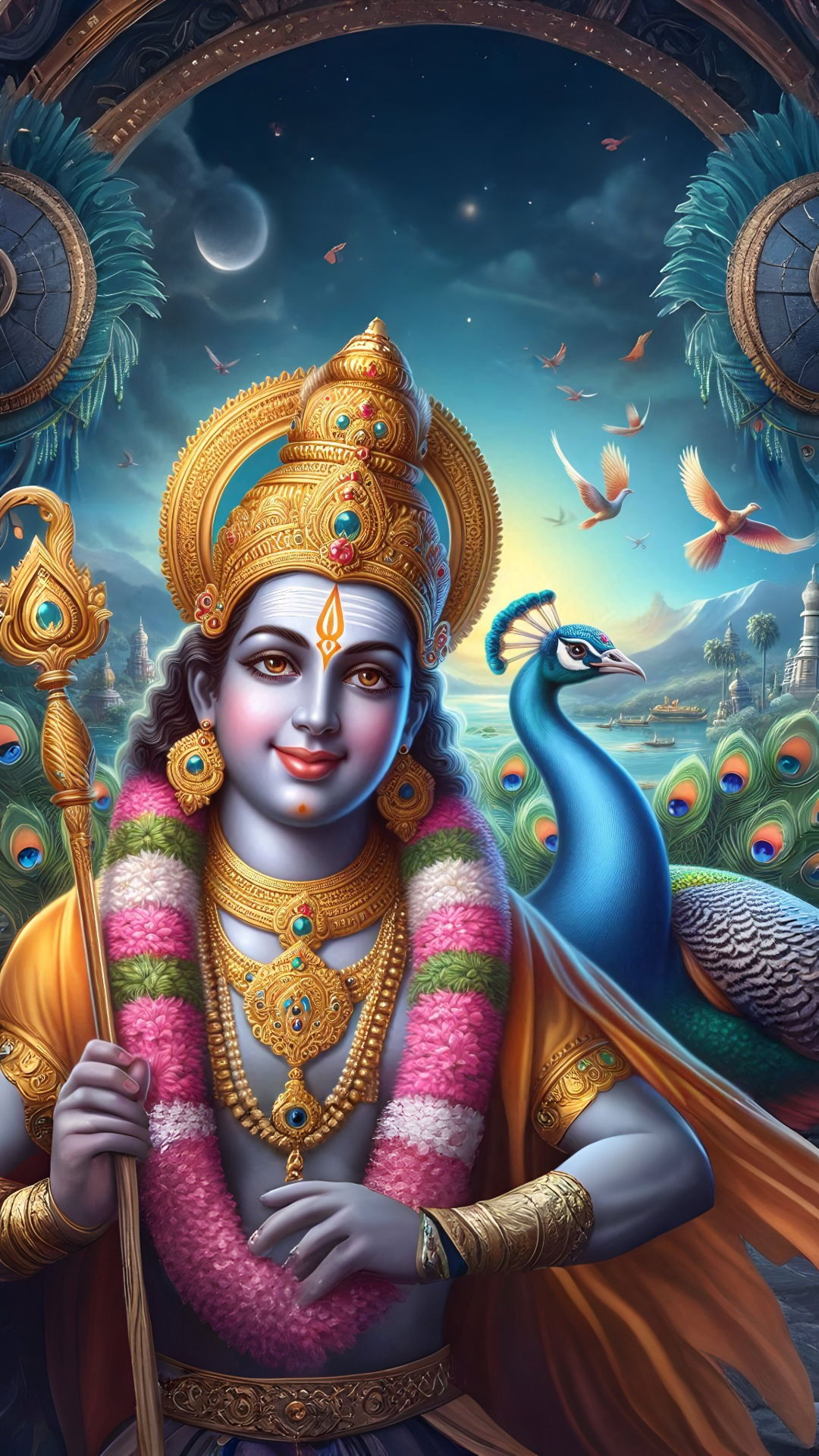 Lord Murugan with peacock and Vel