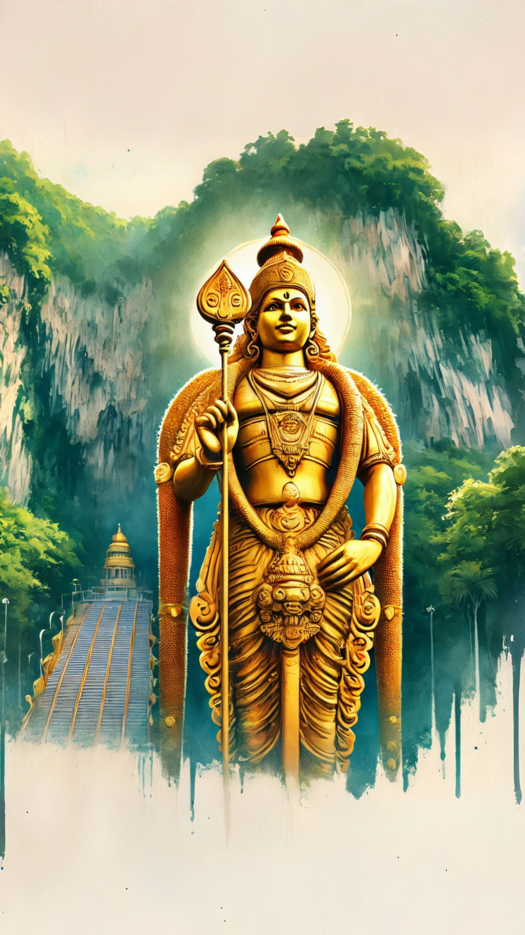 Lord Murugan stands with spear, temple view