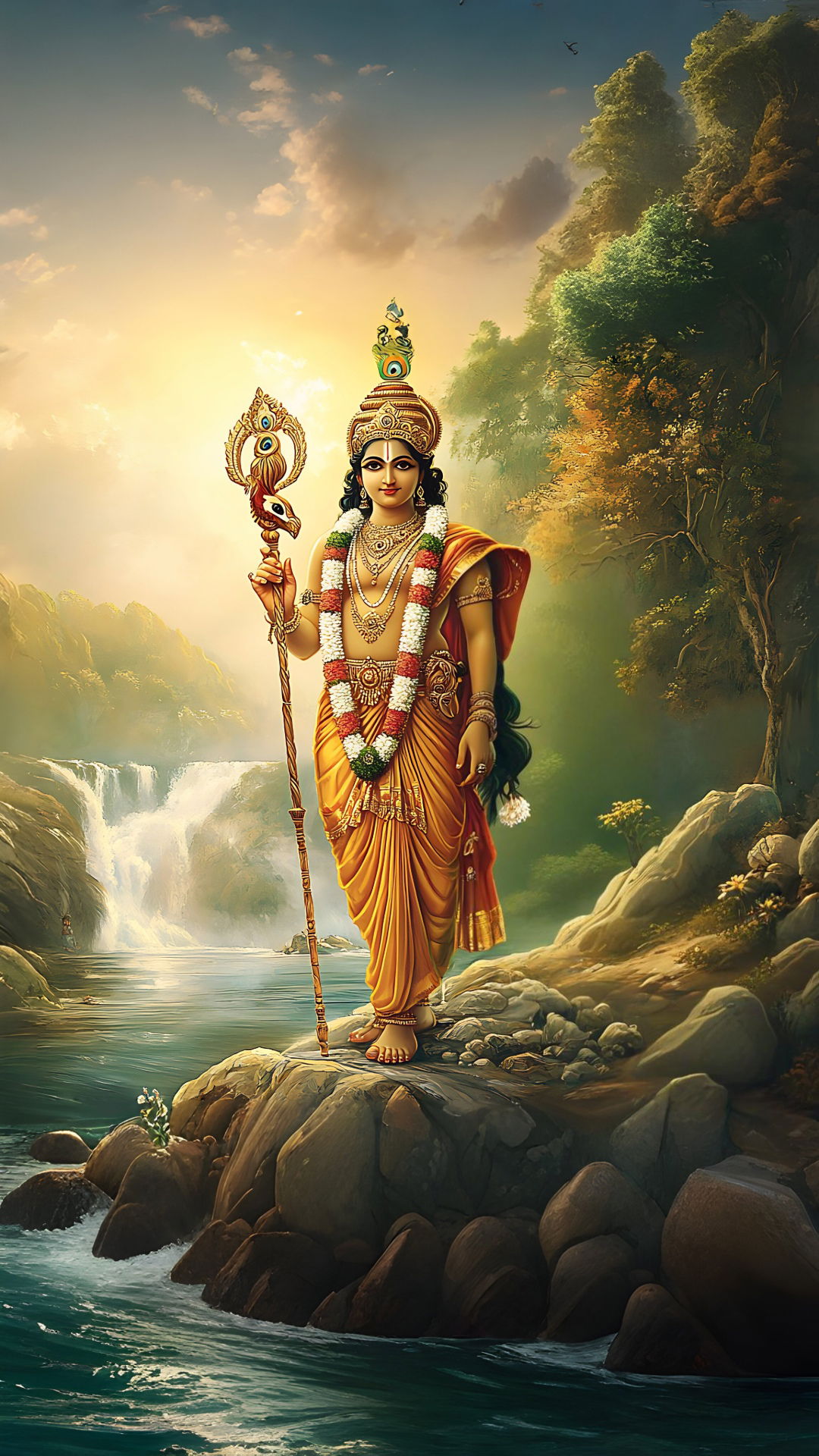 Murugan with Vel in forest landscape