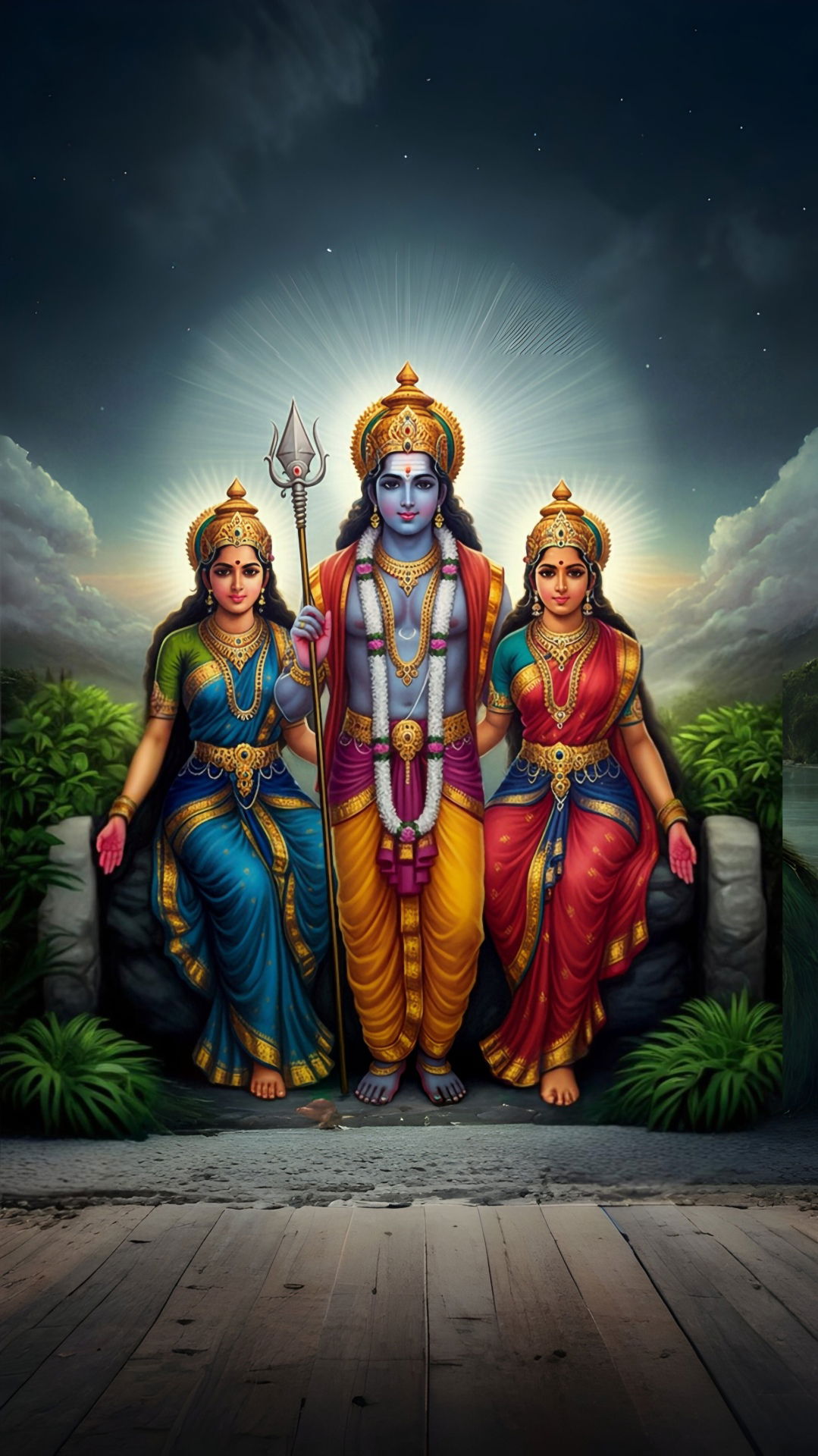 Murugan with consorts holding a Vel