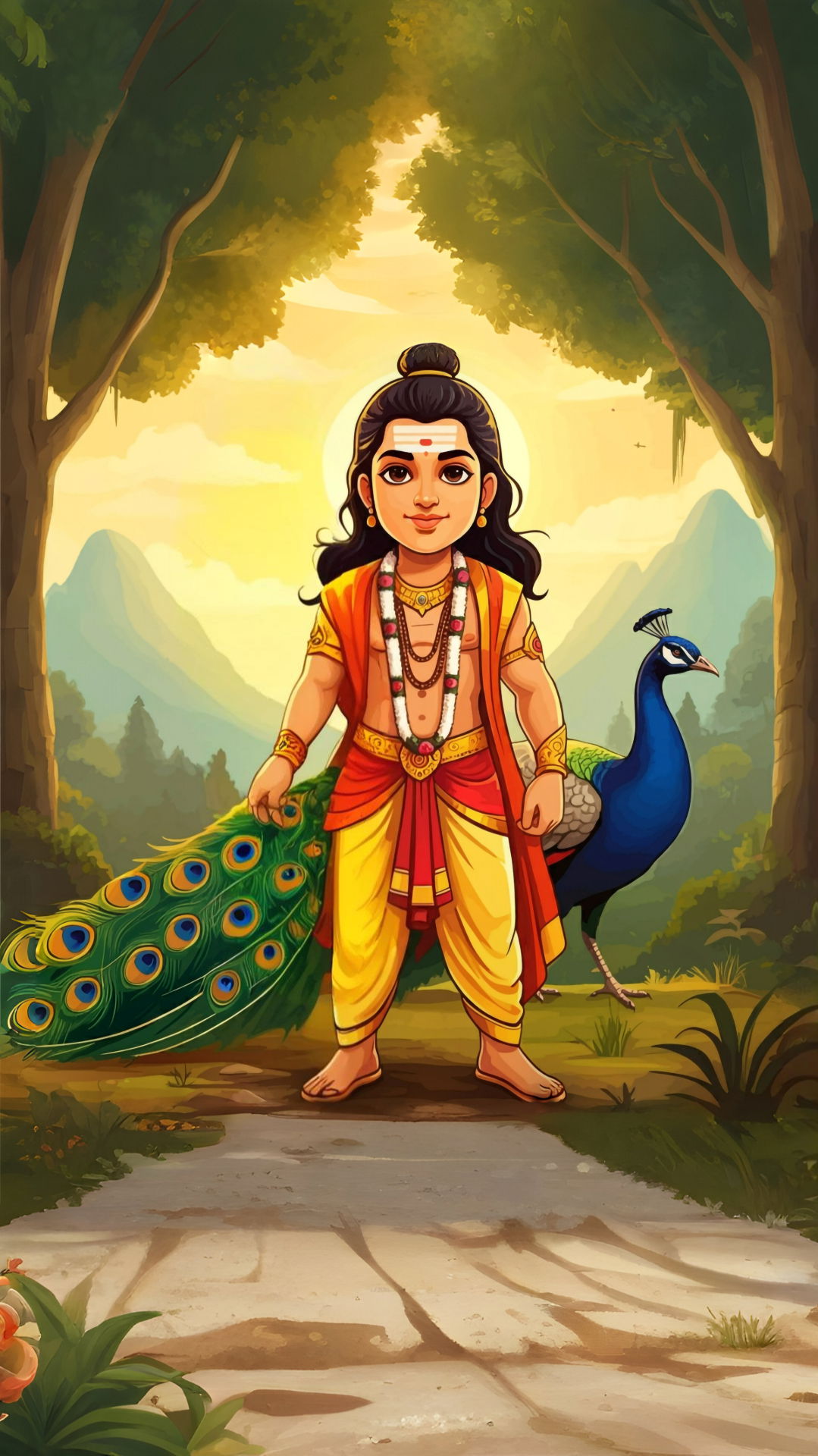 Murugan with peacock in forest setting