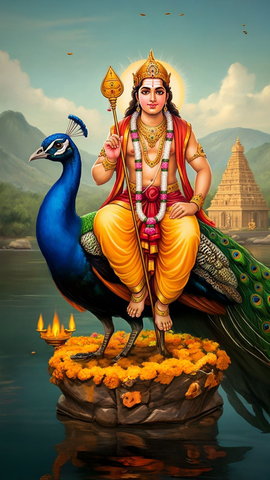 Murugan seated on peacock with Vel