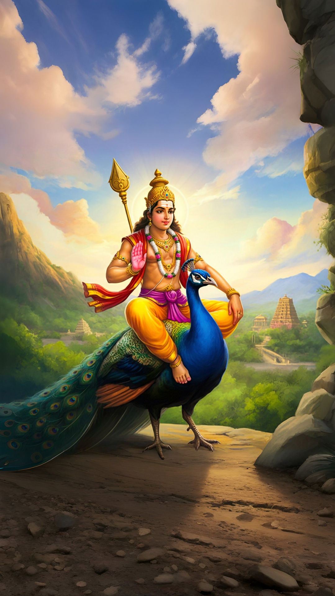 Lord Murugan on Peacock, Vel in Hand