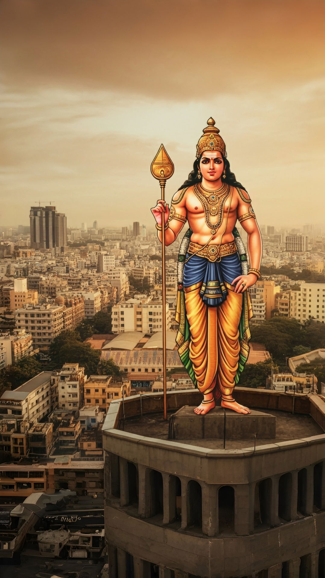 Murugan stands with Vel in cityscape