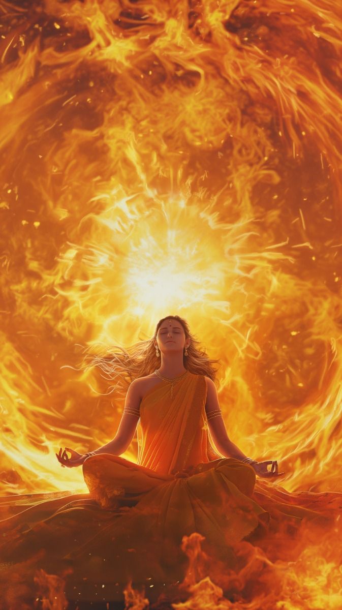 Parvati meditating in a fiery aura