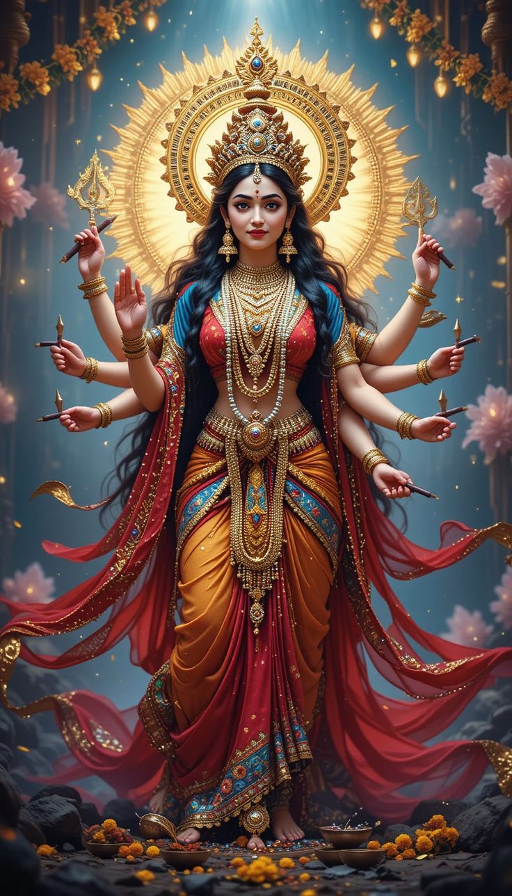 Parvati Maa with golden halo and flowers.