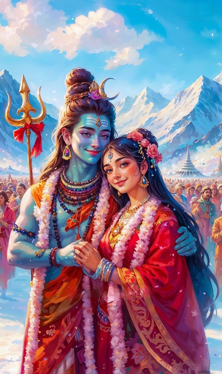 Shiva and Parvati amongst snow mountains