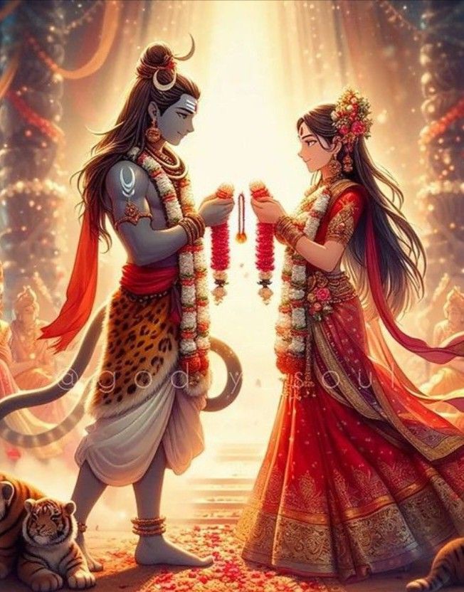 Shiva and Parvati exchanging floral garlands