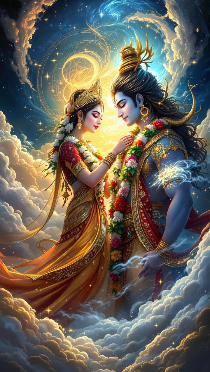Shiva and Parvati divine cosmic embrace