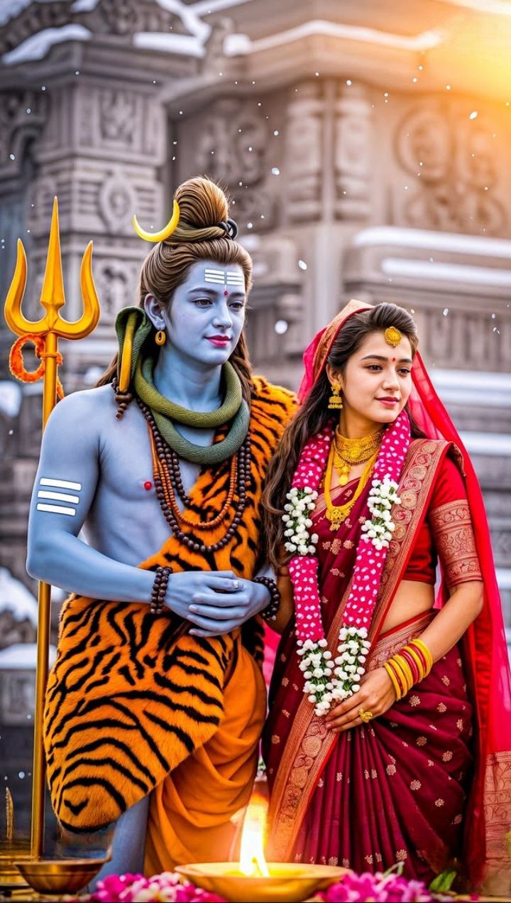 Shiva and Parvati bless devotees.