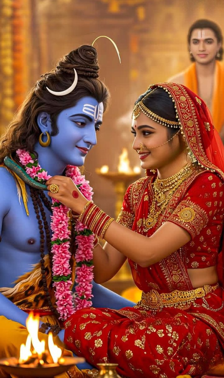 Shiva and Parvati share a loving moment.