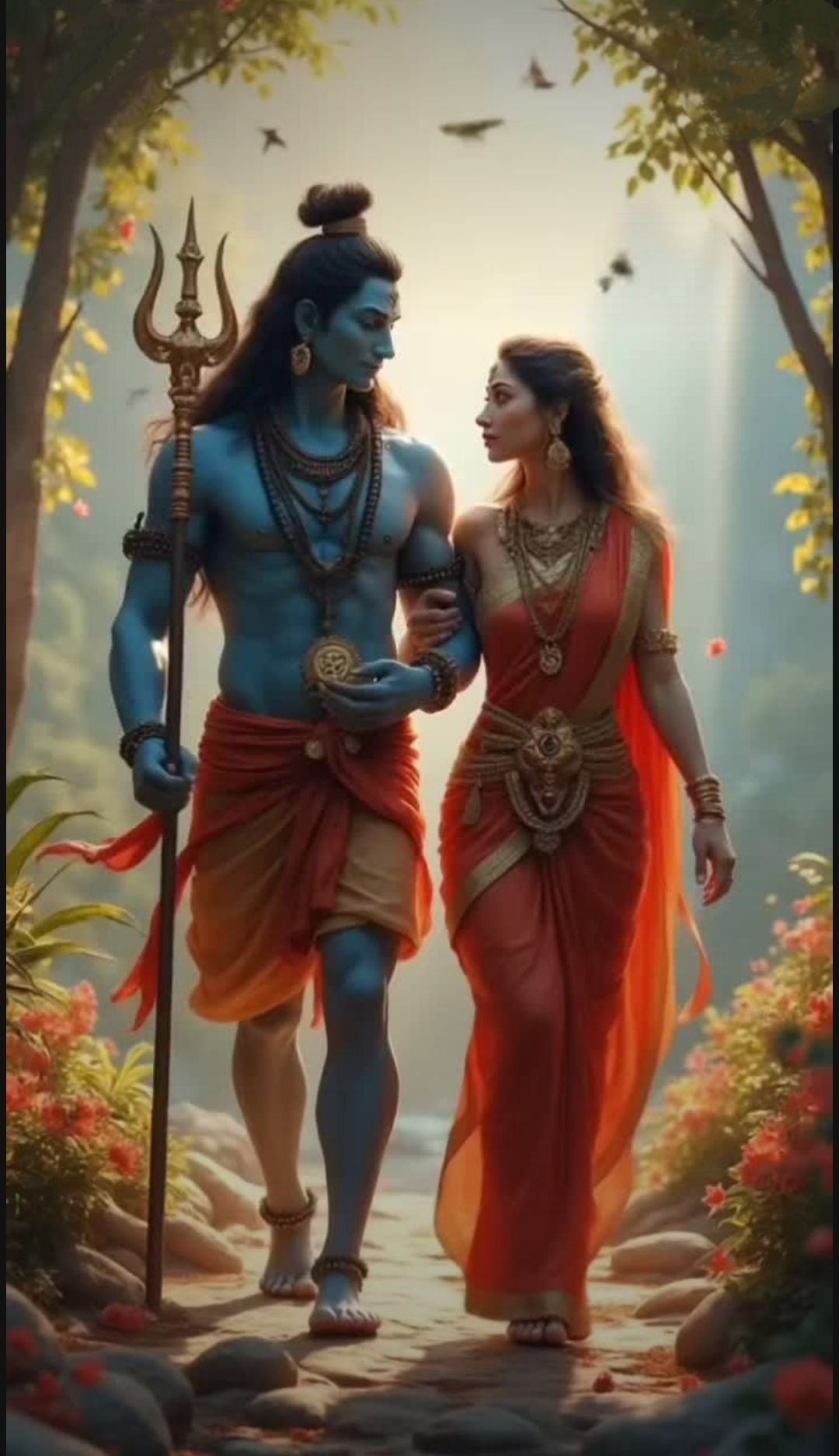 Shiva and Parvati walking in forest
