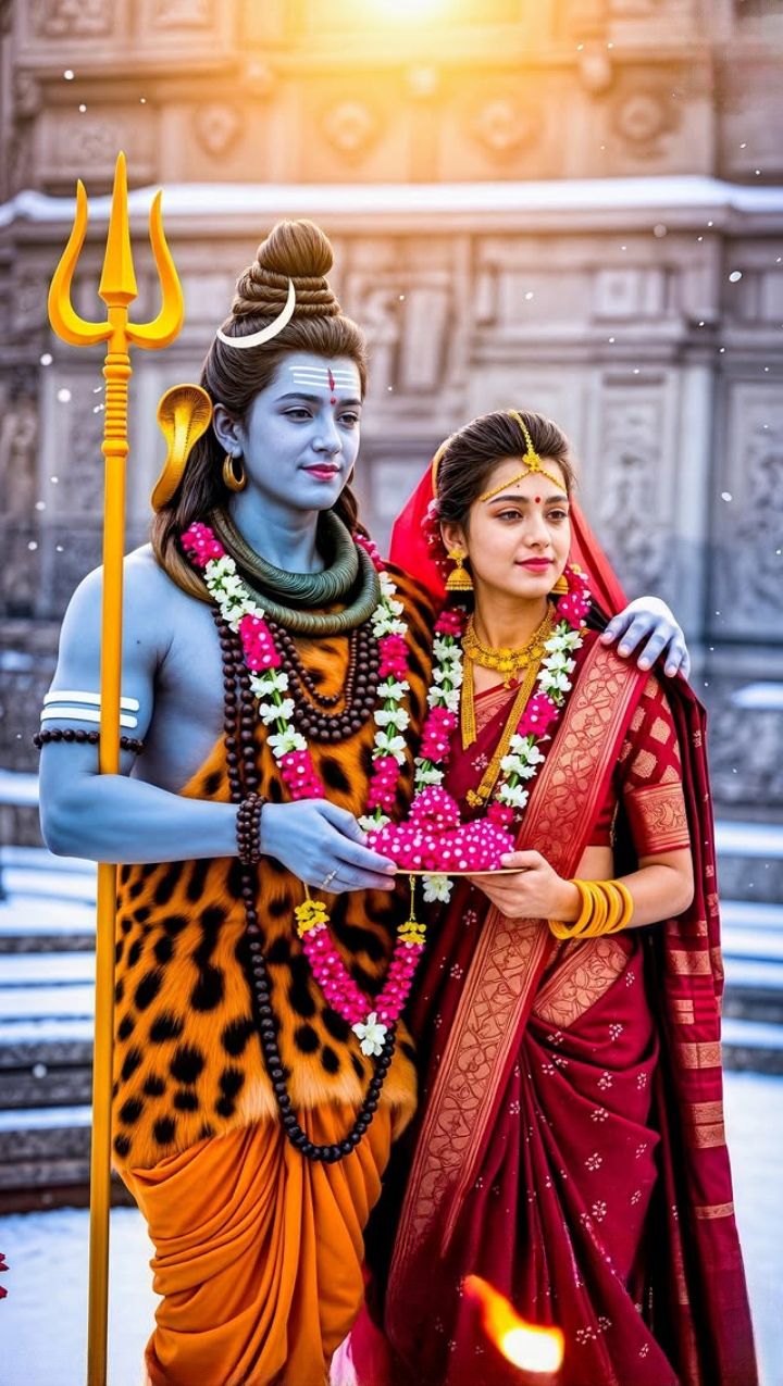 Shiva and Parvati in snowy mountains