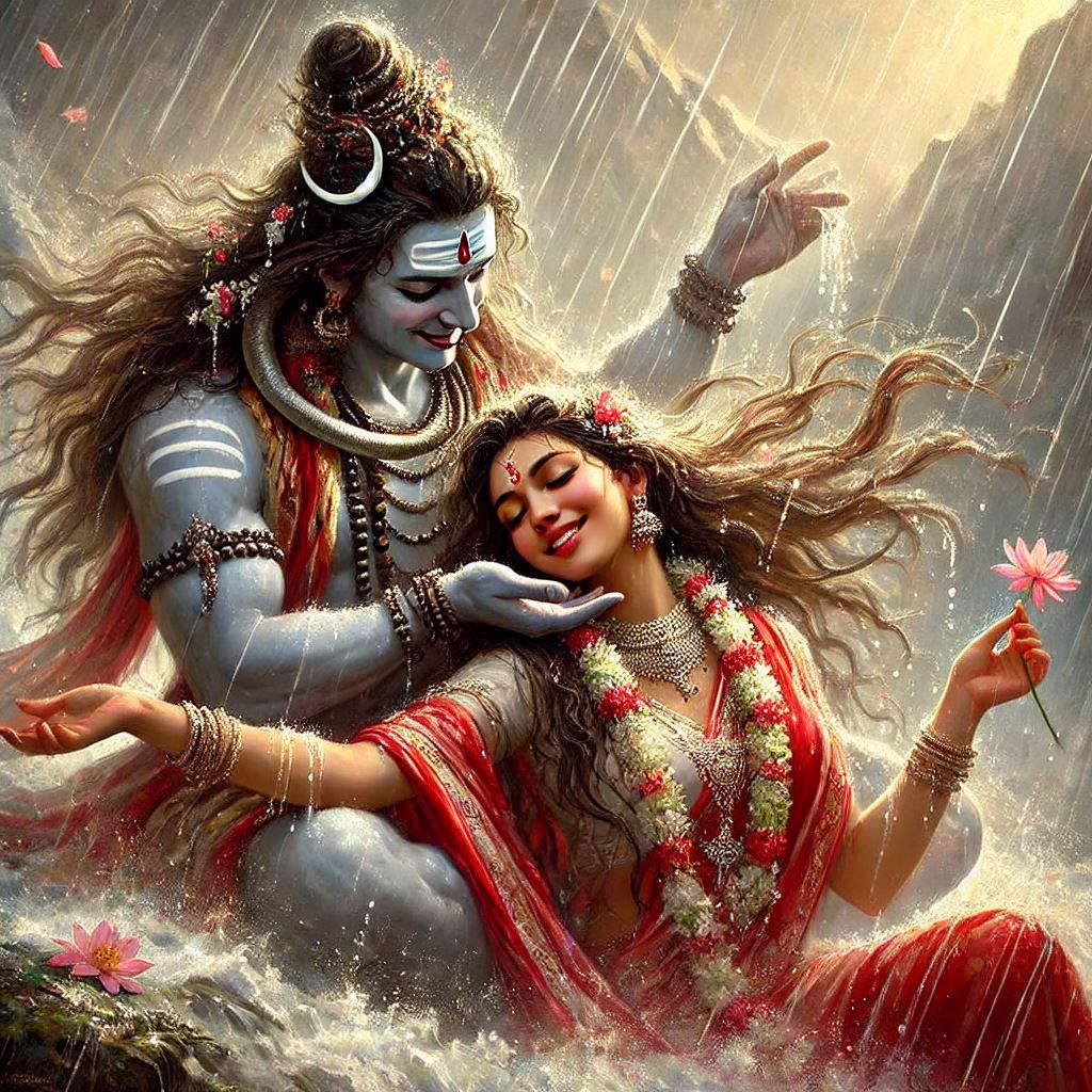 Shiva and Parvati in a rainy embrace