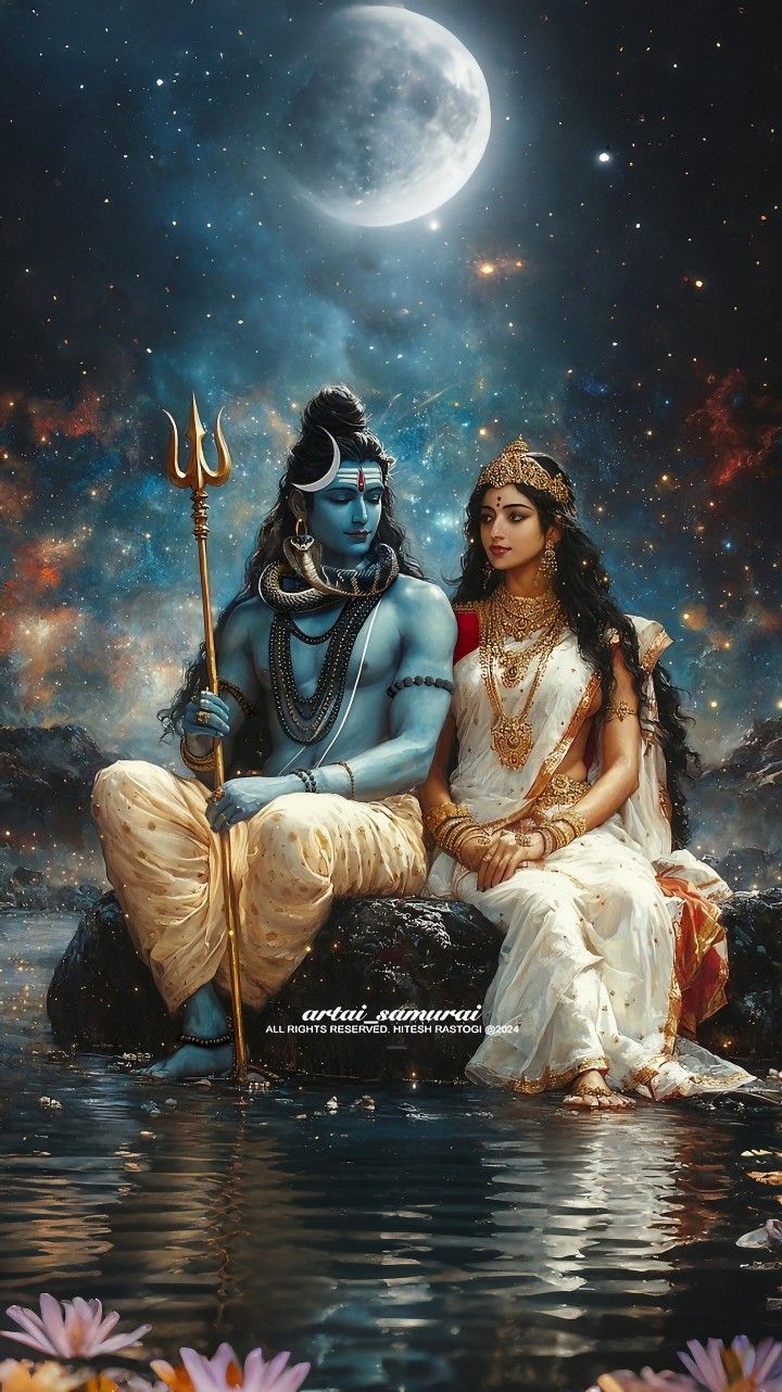 Shiva and Parvati amidst cosmic stars.