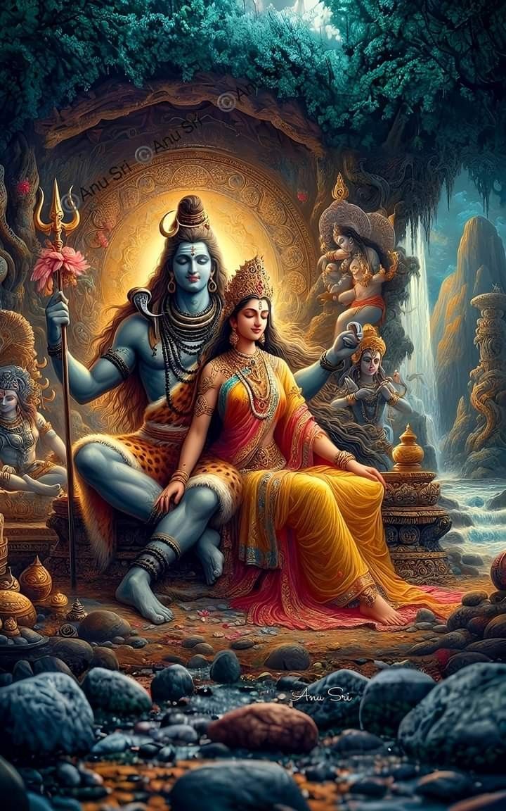 Shiva and Parvati seated on a throne