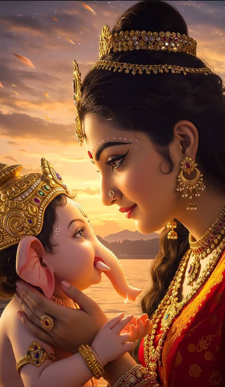 Parvati Maa lovingly holds baby Ganesha.