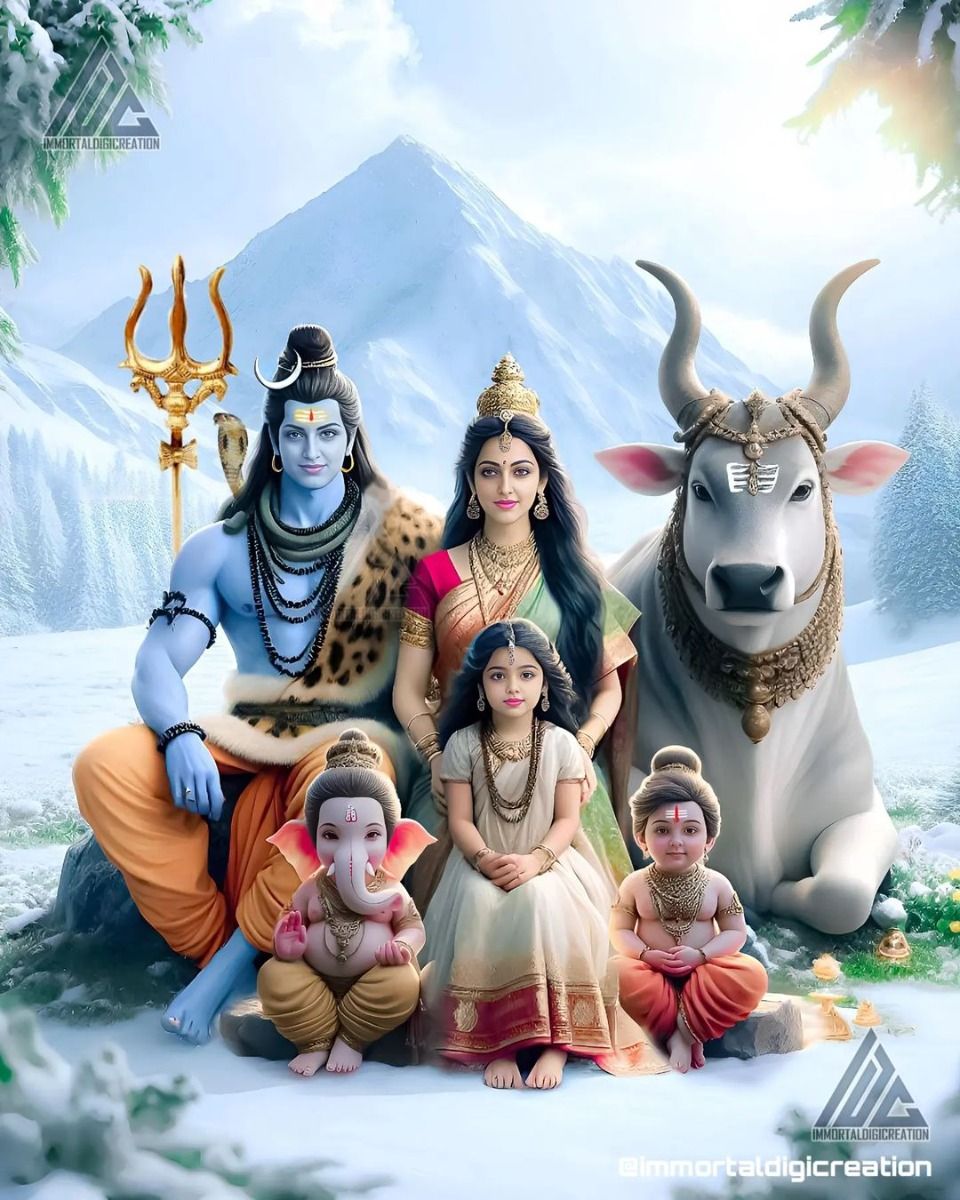 Shiva Parvati family snowy mountain backdrop