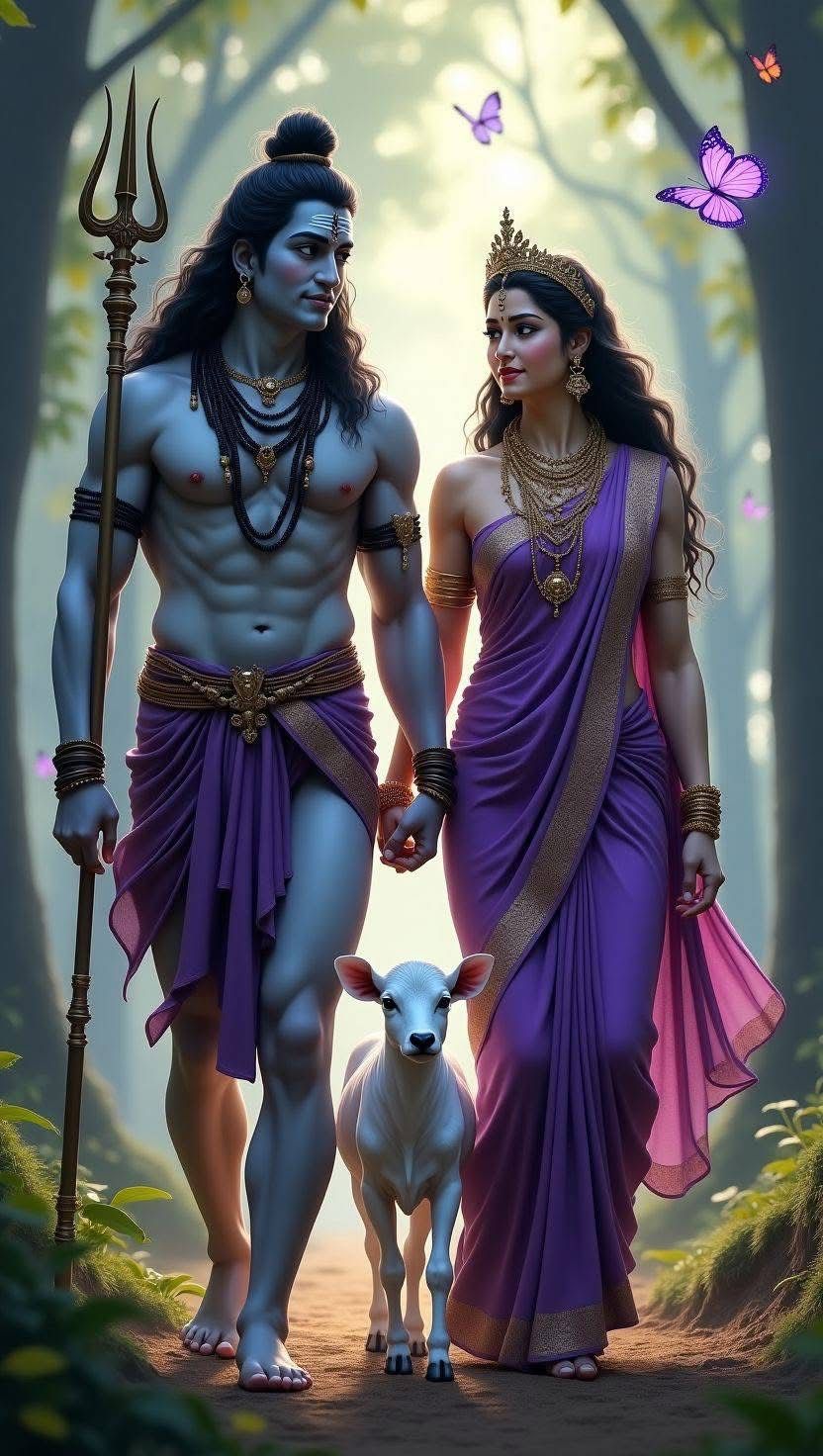 Shiva and Parvati walking in forest
