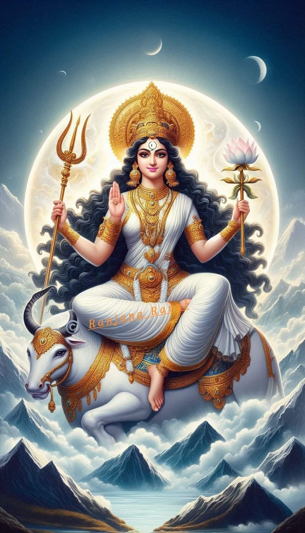 Parvati Maa riding Nandi under the moon