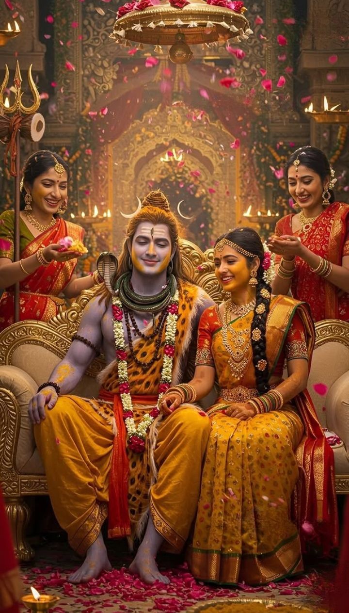 Shiva and Parvati in a vibrant wedding scene