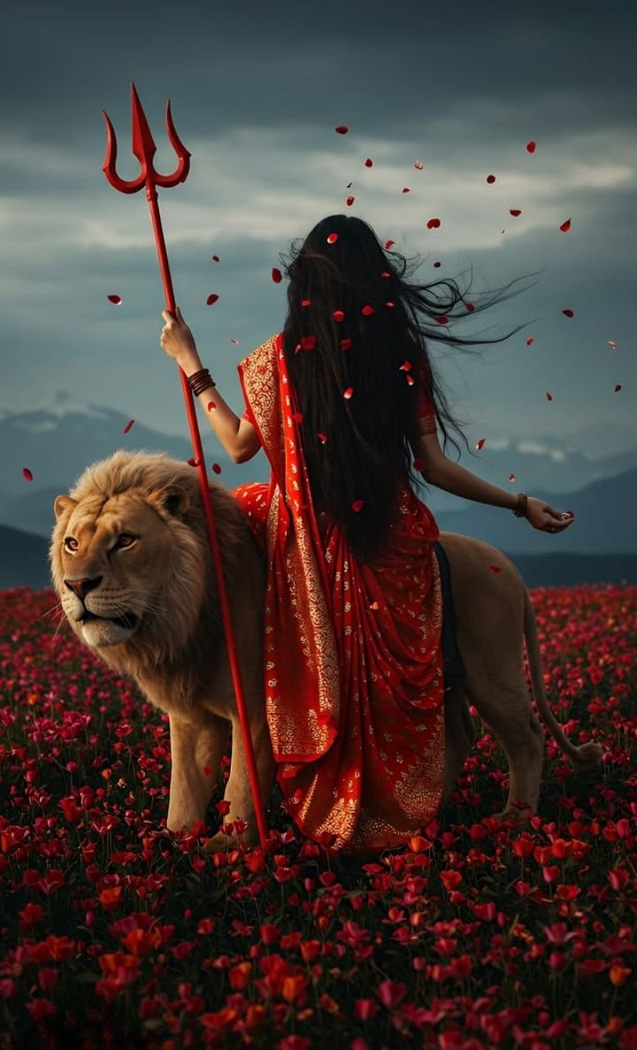 Parvati Maa riding a lion with trident