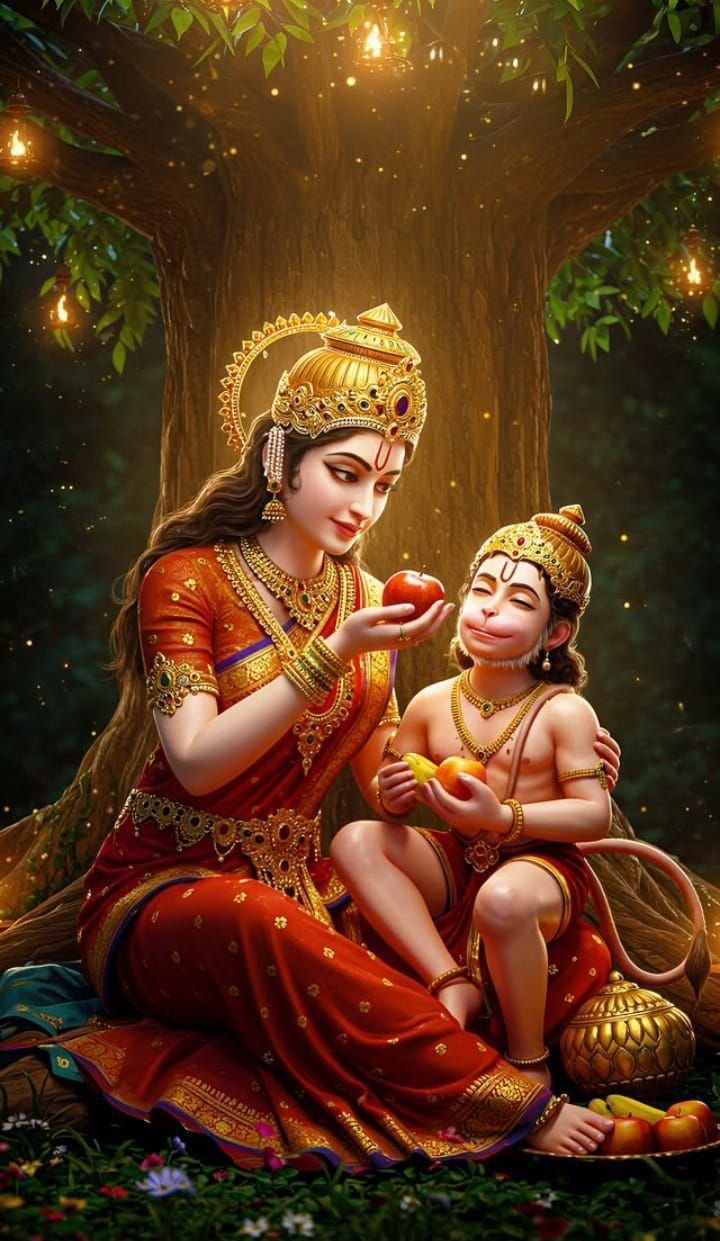 Parvati Maa offers fruit to Hanuman
