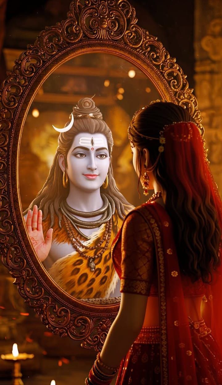 Parvati sees Shiva\'s reflection in mirror.