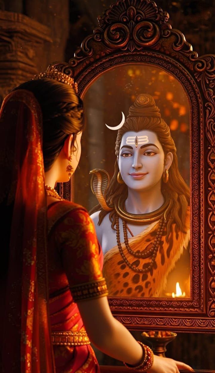Parvati gazes at Shiva in a mirror.