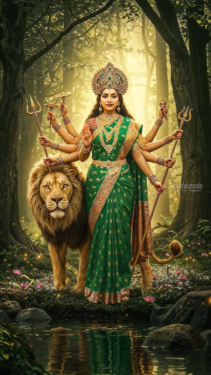 Durga Maa with lion in forest