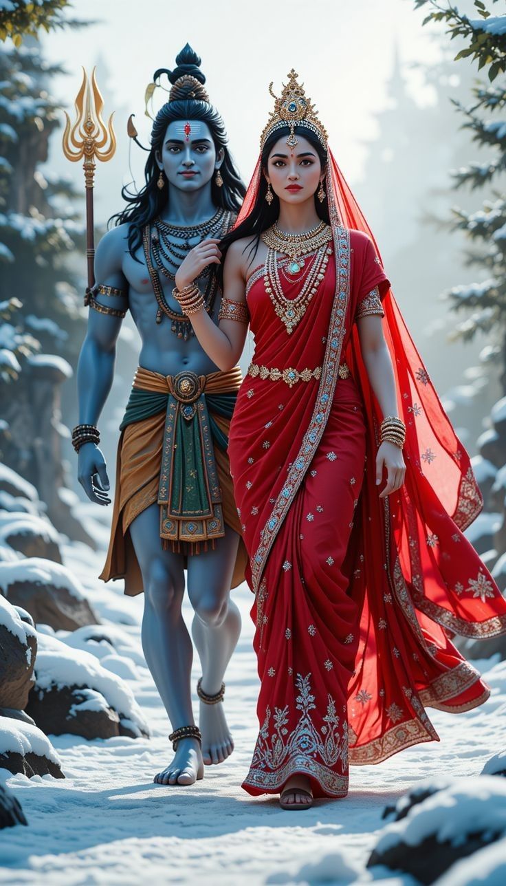 Shiva and Parvati in a snowy landscape